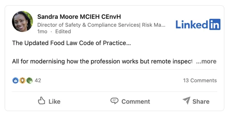 Sandra Moore LinkedIn comment on non-EHO food hygiene inspections, October 2025