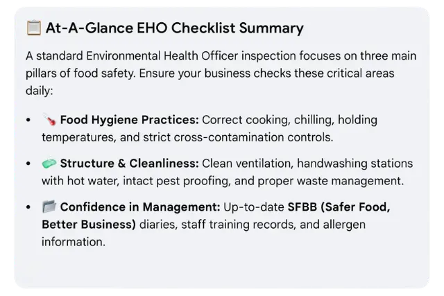 Quick glance summary guide of actions to take before an EHO inspection to prepare well