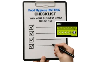 Food business owner using an food hygiene rating checklist to prepare for an EHO inspection