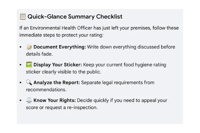 Quick glance summary guide of action to take after an EHO inspection to protect your food hygiene rating