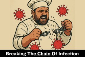 Chef breaking a chain of infection with virus icons, symbolising infection control in food safety kitchens
