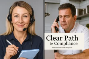 food safety consultant with headset and notepad, mentoring a business owner by phone on food safety compliance