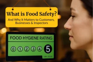 A woman looking at a food hygiene rating sticker showing a score of 5, with the blog title “What is Food Safety? And Why It Matters to Customers, Businesses & Inspectors”.