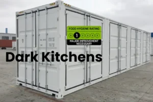 Dark kitchen in a shipping container with a visible 1 Food Hygiene Rating sticker, highlighting food safety compliance risks and challenges.