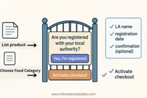 Illustration of a checkout ‘gate’ that prompts online food sellers to confirm local authority registration before selling