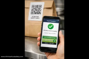 Takeaway food container with a QR code label being scanned by a smartphone, demonstrating transparent food safety controls in ghost kitchens