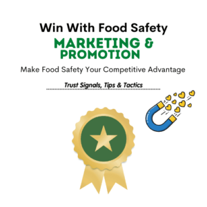 Win With Food Safety graphic featuring a gold rosette and magnet with hearts, symbolising trust and promotion