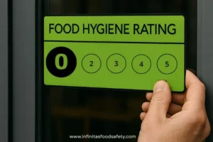 Food business owner displaying a zero food hygiene rating sticker at entrance to premises