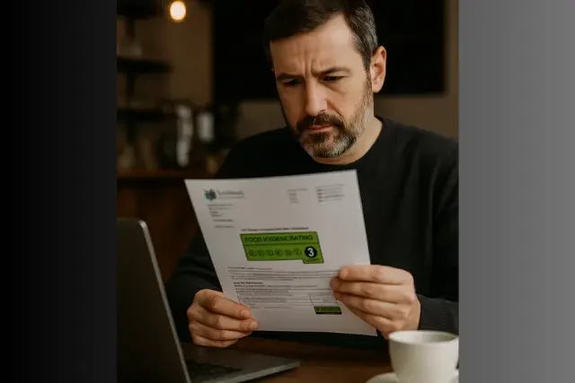 Man reading an official food hygiene rating letter from the local authority after an EHO inspection