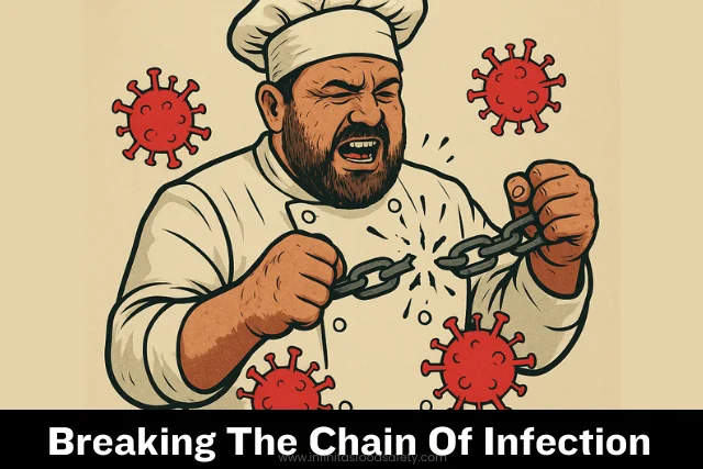 Chef breaking a chain of infection with virus icons, symbolising infection control in food safety kitchens