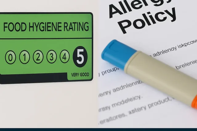 Food hygiene rating 5 and allergy policy with EpiPen side by side