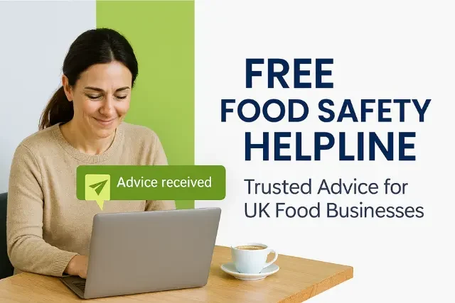 Woman reading food safety advice on laptop from the Free Food Safety Helpline by Infinitas.