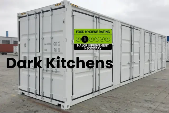 Dark kitchen in a shipping container with a visible 1 Food Hygiene Rating sticker, highlighting food safety compliance risks and challenges.