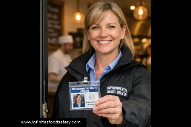 Environmental Health Officer showing ID badge at restaurant entrance