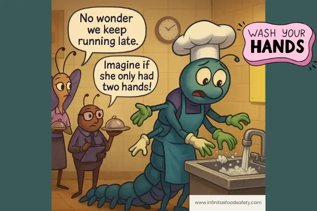 Centipede chef washing hands — food service workers discuss barriers to hand hygiene compliance.