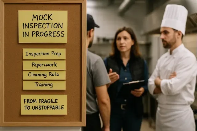 Food safety consultant leading a mock EHO inspection in a commercial kitchen