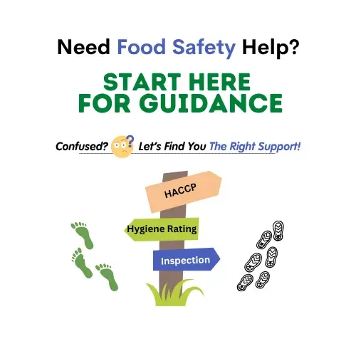 Need food safety help? Start here signpost image with arrows for HACCP, hygiene rating, and inspection—guiding businesses to the right support at Infinitas Food Safety.