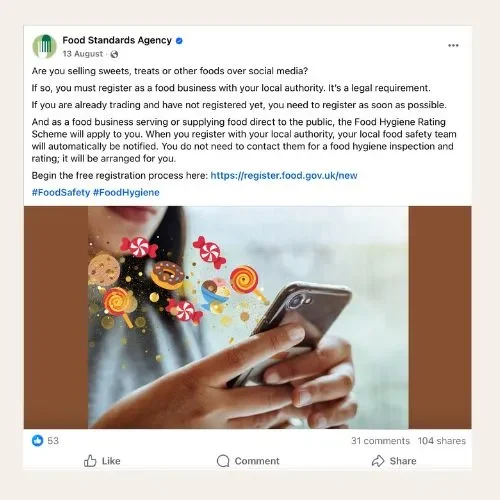 FSA Facebook post to raise awareness of selling sweets & treats on social media and the requirement to Register a Food Business