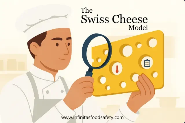 Chef holding a slice of Swiss cheese and examining it with a magnifying glass, with icons for temperature and checklist showing food safety compliance layers.