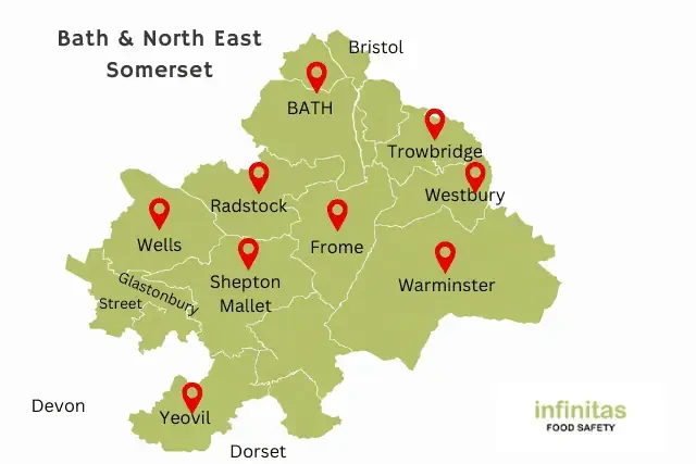 Map showing Bath and North East Somerset - areas where we provide food safety services.