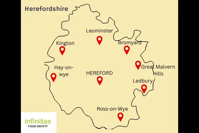 Outline map of Herefordshire county - showing areas where we work