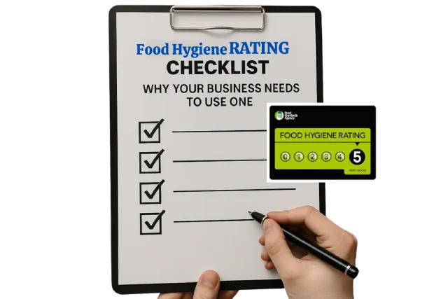 Food business owner using an food hygiene rating checklist to prepare for an EHO inspection