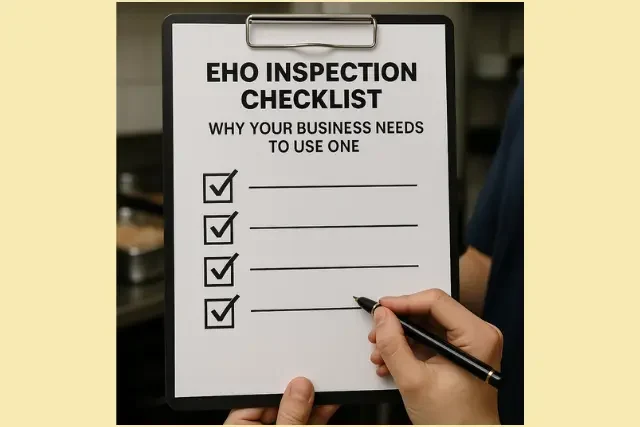 Food business owner using an EHO inspection checklist in a kitchen